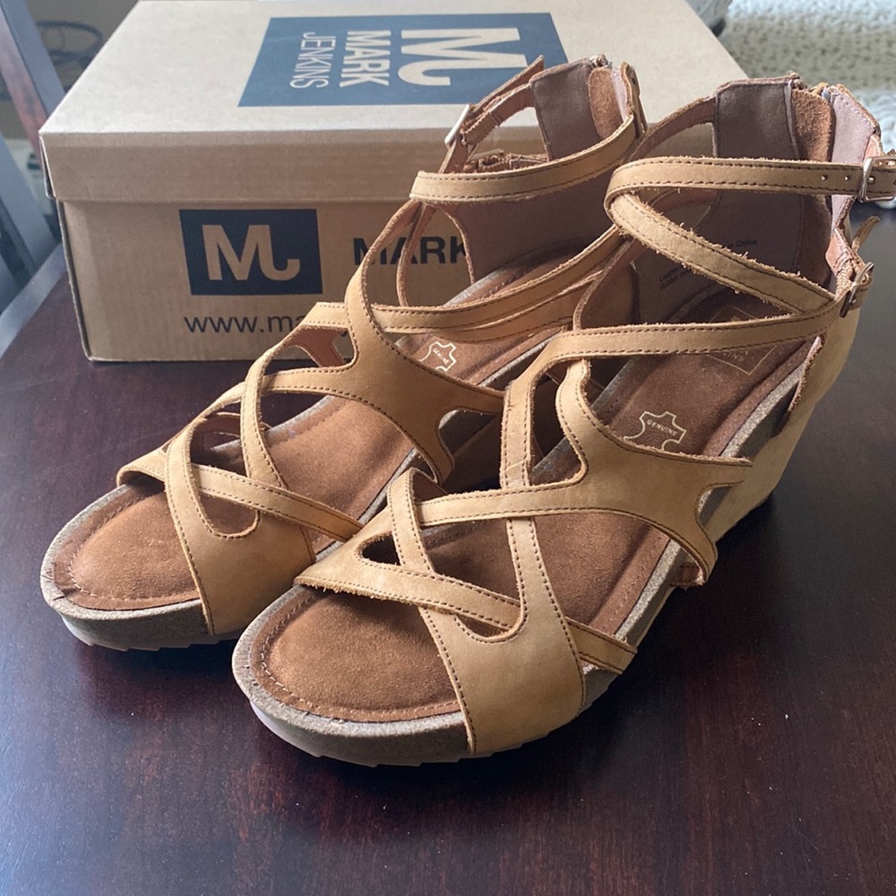 Mark Jenkins Marquis Tan Nubuck Leather Wedges
